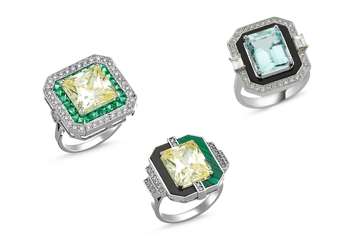 Melis Goral rings with yellow topaz or aquamarine and emeralds, malachite, onyx and diamonds all in white gold