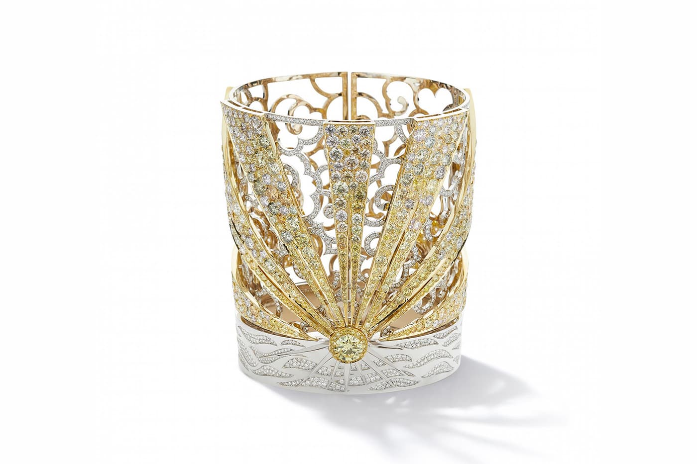  Boodles Wonderland cuff with yellow and colourless diamonds in yellow and white gold