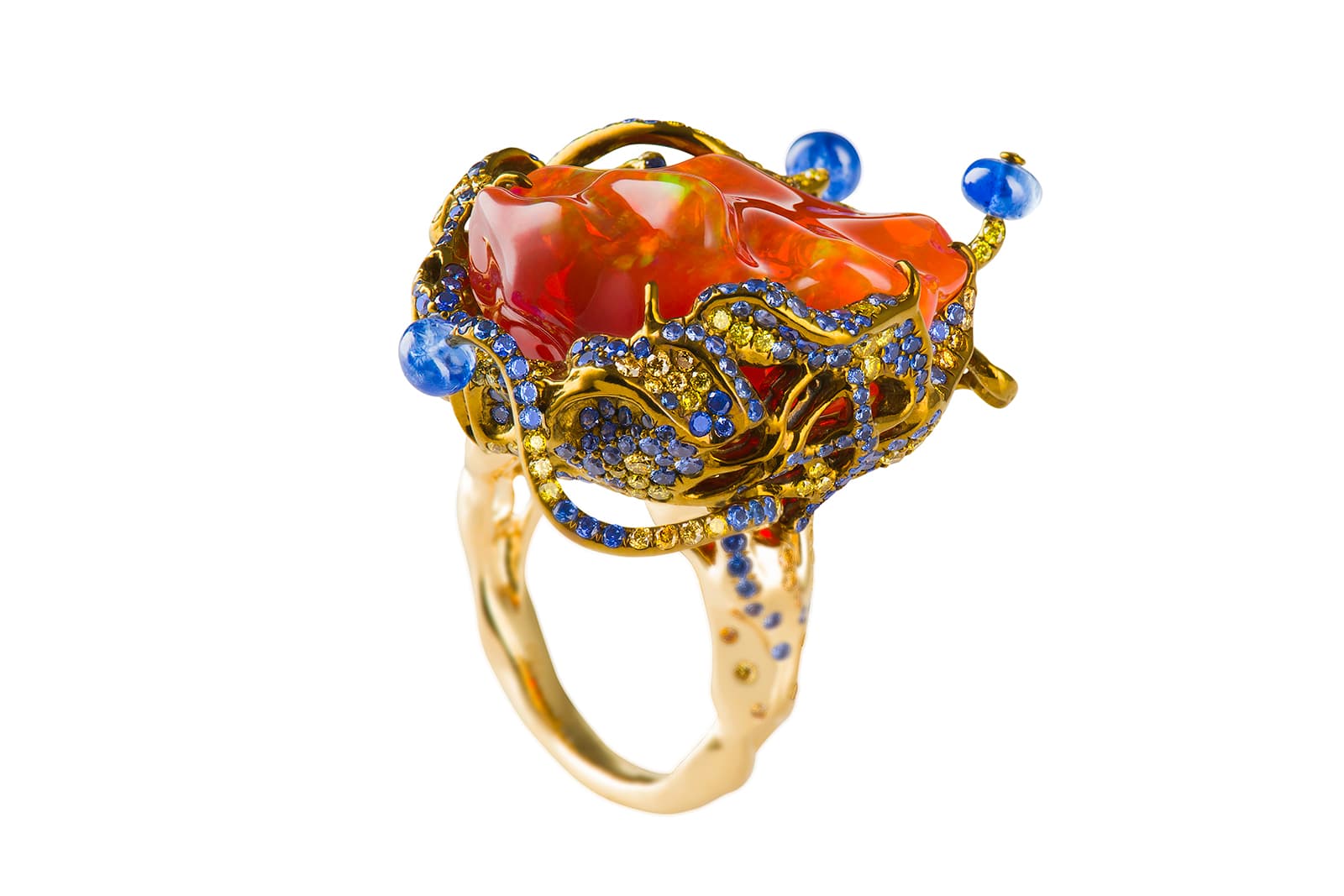  Neha Dani Shristi collection Yuvarna ring with fire opals, yellow and blue sapphires in yellow gold