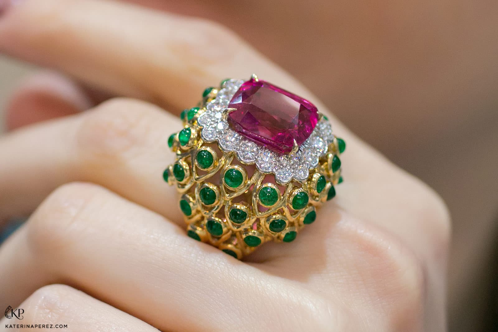 David Webb ring with emeralds, diamonds and rubellite in yellow and white gold