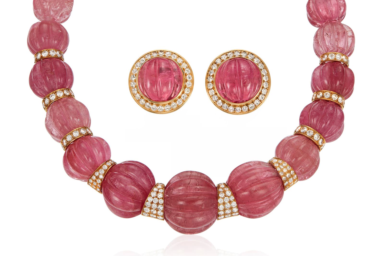  Necklace and earrings with tourmaline and diamonds