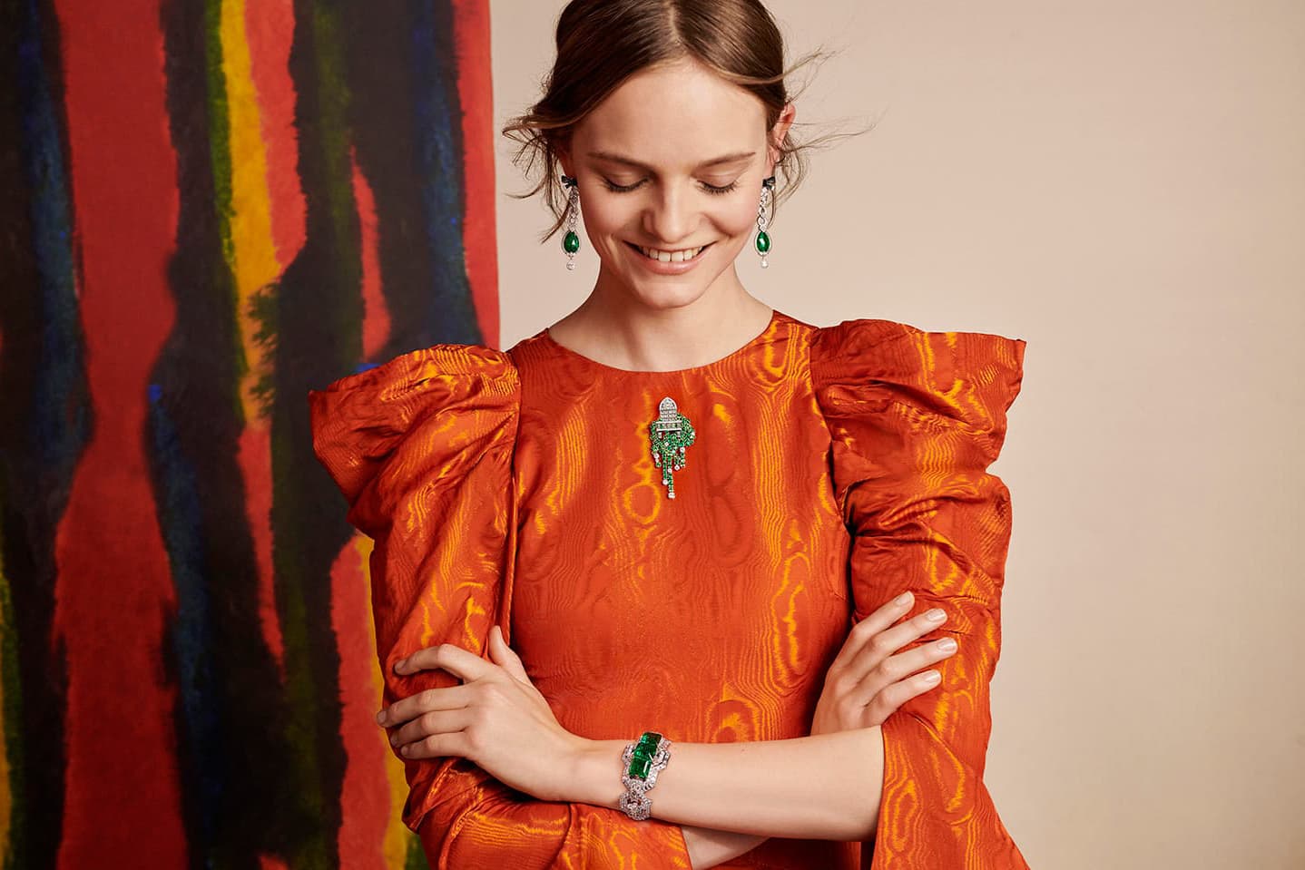 Van Cleef & Arpels Romeo and Juliet collection emerald jewellery, including 'Lovers Path' bracelet with Colombian emeralds of 14.17ct, 13.71ct and 11.90ct and accenting diamonds in white gold