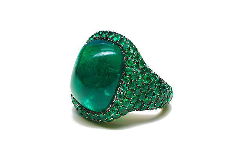  Bayco ring with 19.32ct sugarloaf Colombian emerald and accenting emeralds in blackened yellow gold