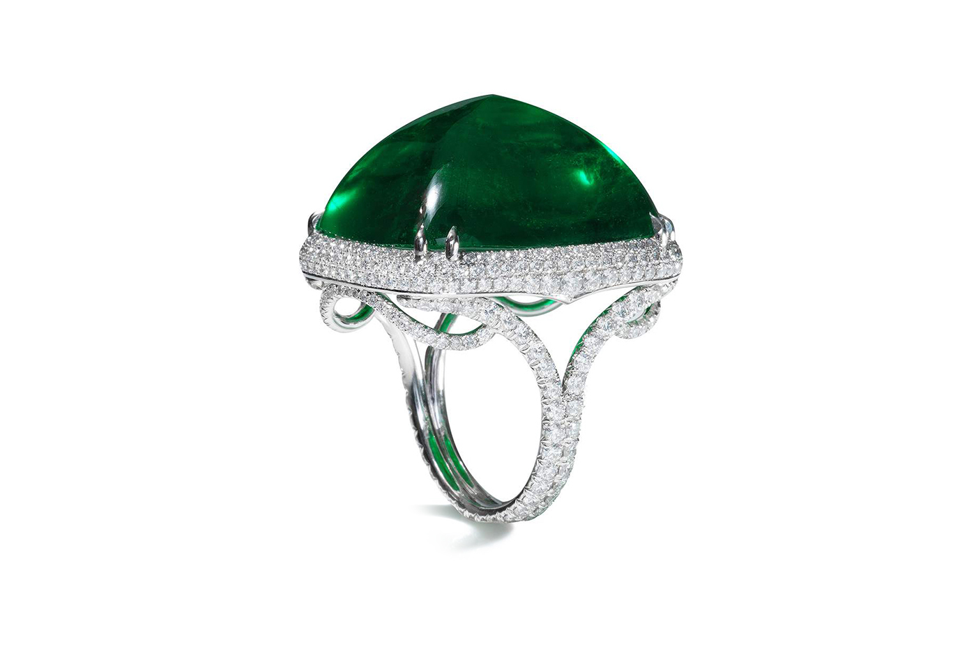 Bayco 'The Pyramid of Wisdom' ring with 39.14ct sugarloaf Colombian emerald and diamonds in platinum 