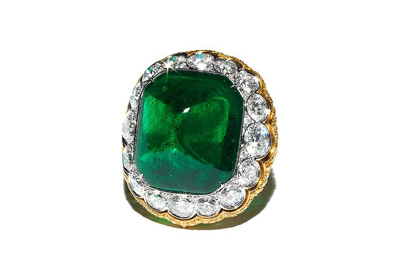  Bayco ring with 24.12ct sugarloaf Colombian emerald, yellow diamonds and colourless diamonds in yellow gold and platinum