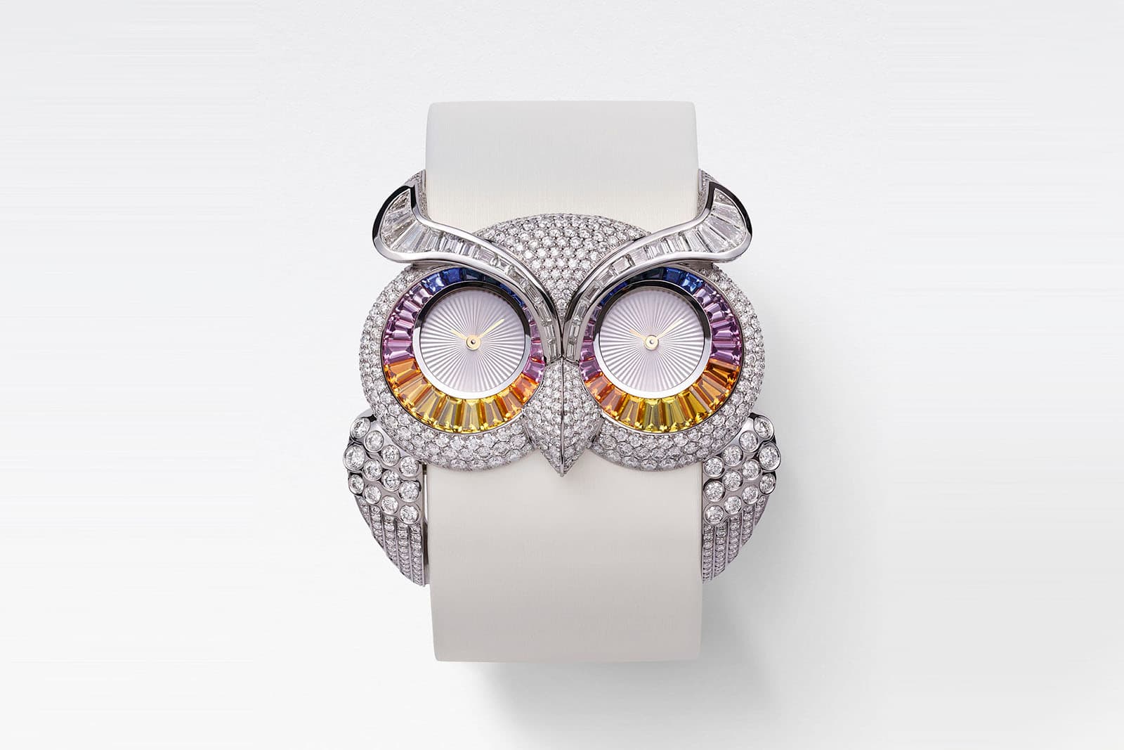 Chopard Red Carpet 2020 collection Owl watch with diamonds and multi-colour sapphires in white gold