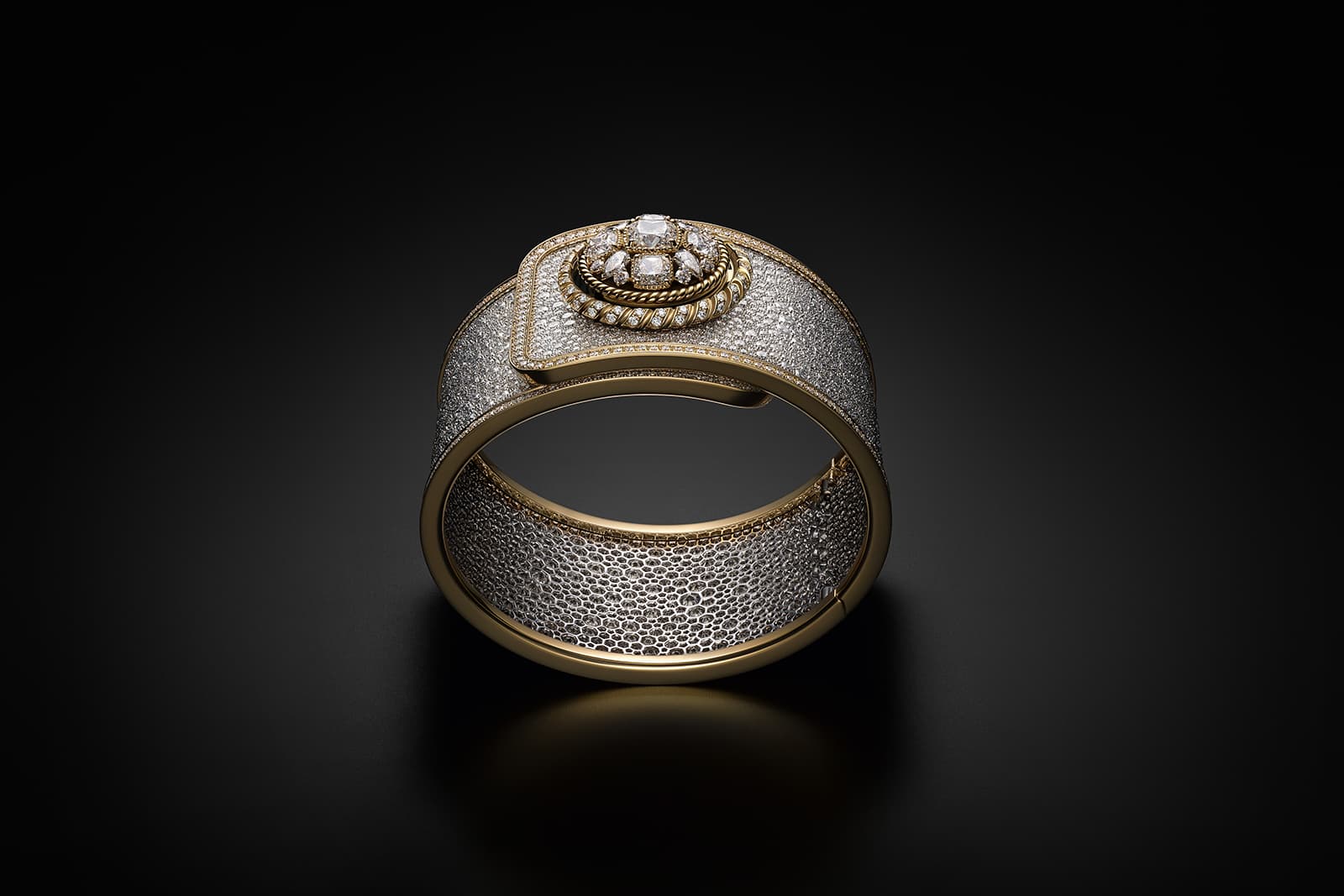 The high jewellery Serti Neige secret watch is entirely snow set with diamonds totalling 45 carats