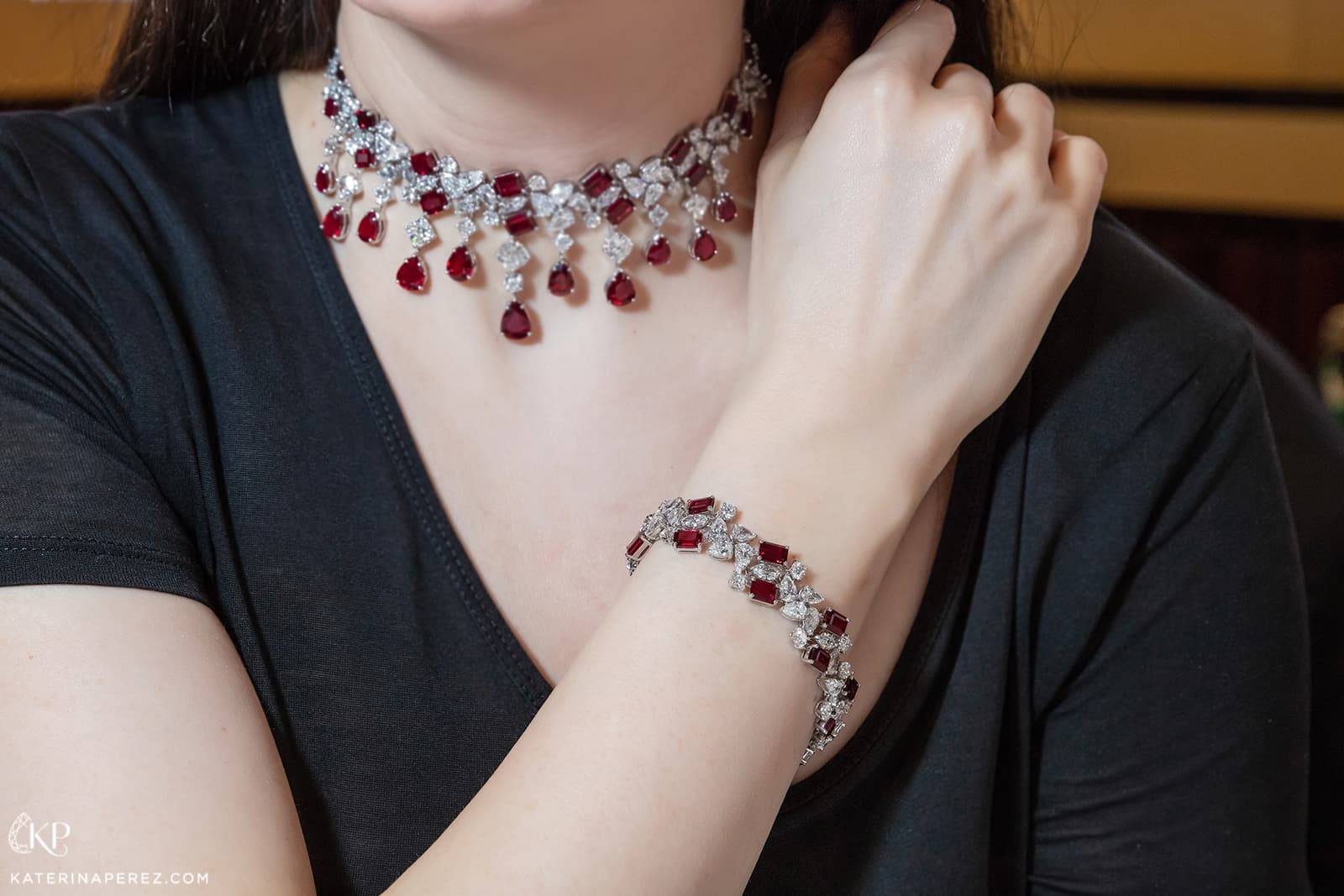 Luvor Imperial ruby and diamond necklace and bracelet