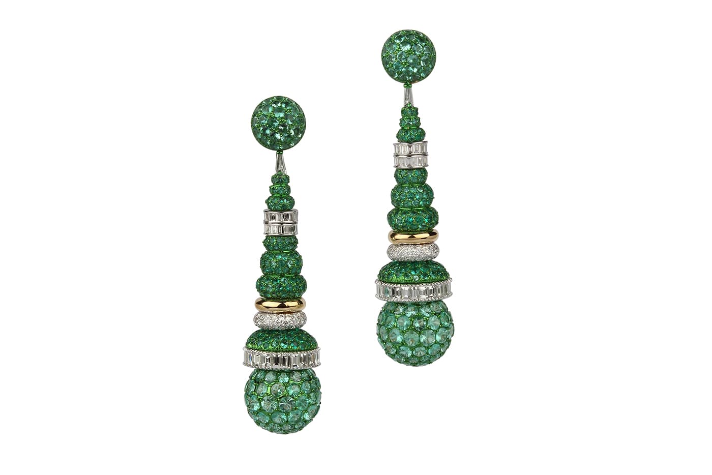  Bina Goenka emerald and diamond earrings, set with 26 carats of Colombian emeralds