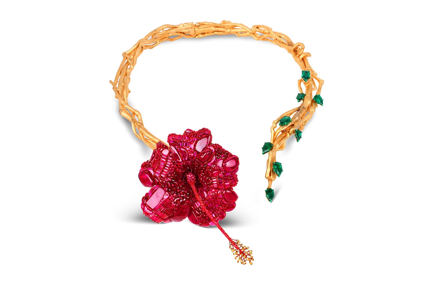 Bina Goenka ruby and emerald high jewellery necklace, set with more than 200 carats of Mozambique rubies
