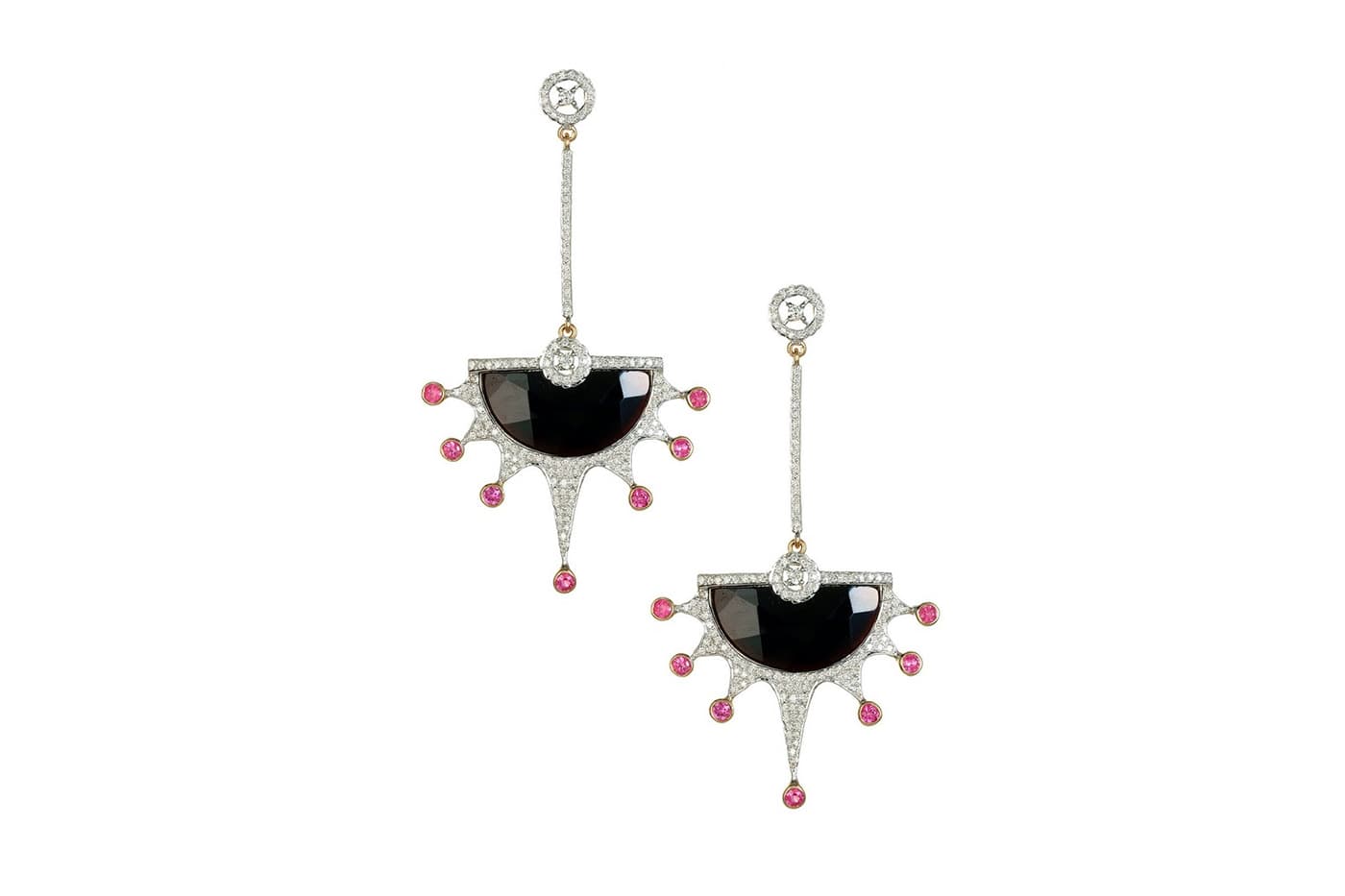  Hanut Singh black onyx, ruby and diamond earrings