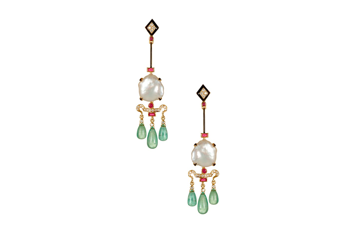  Hanut Singh pearl, emerald, ruby and diamond earrings