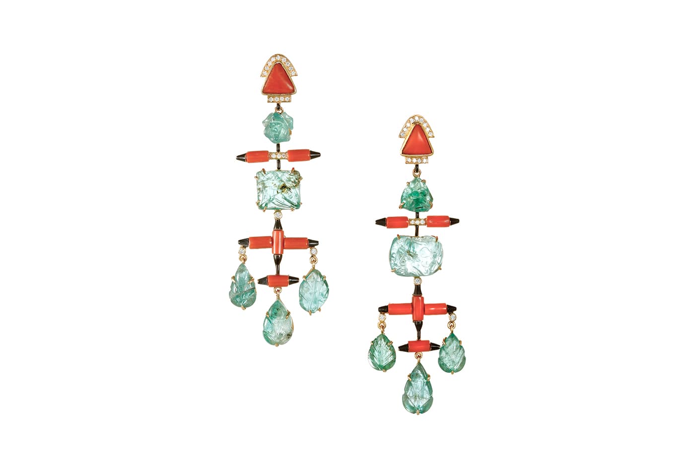  Hanut Singh carved emerald, coral and diamond earrings