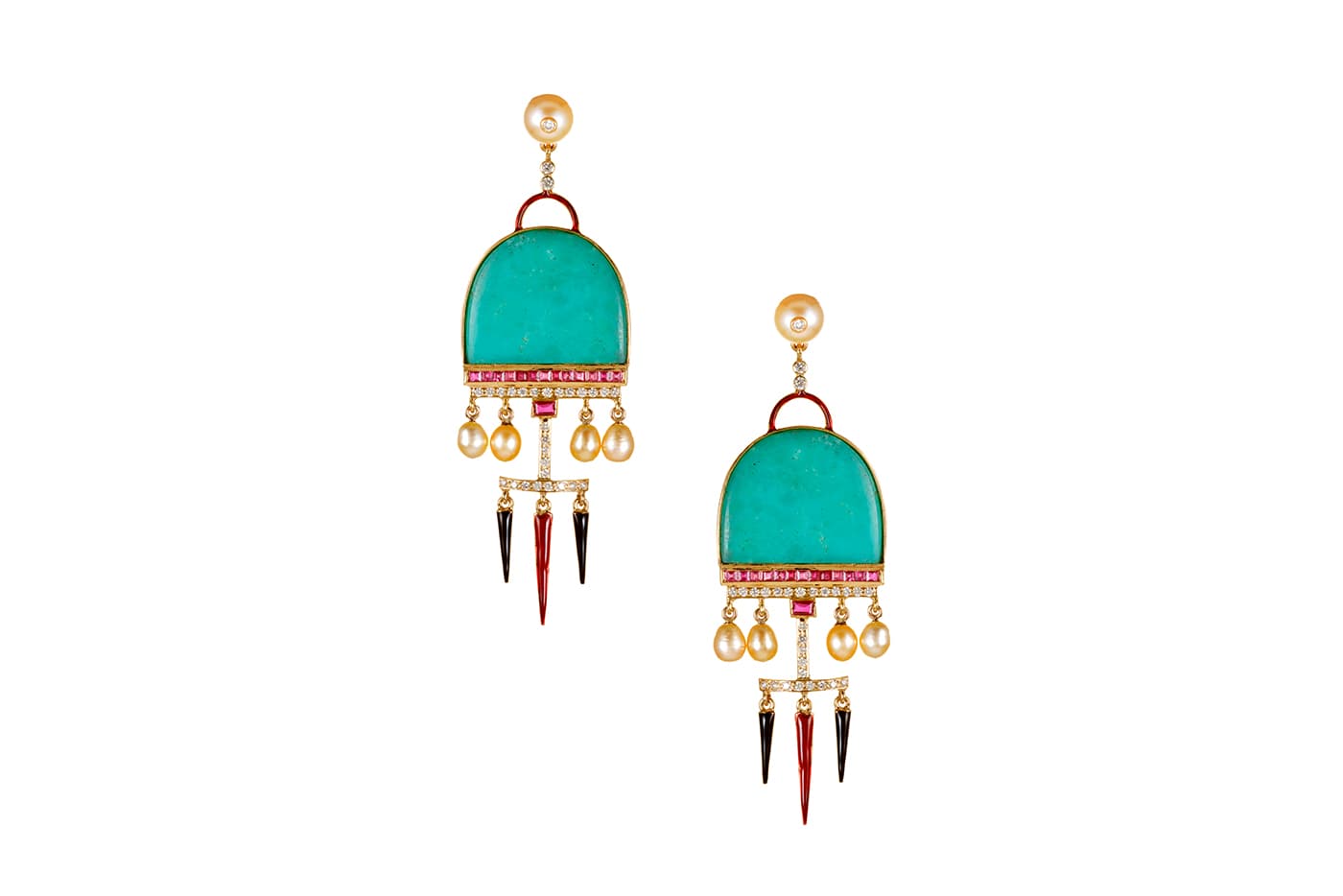  Hanut Singh turquoise, ruby, pearl and diamond earrings
