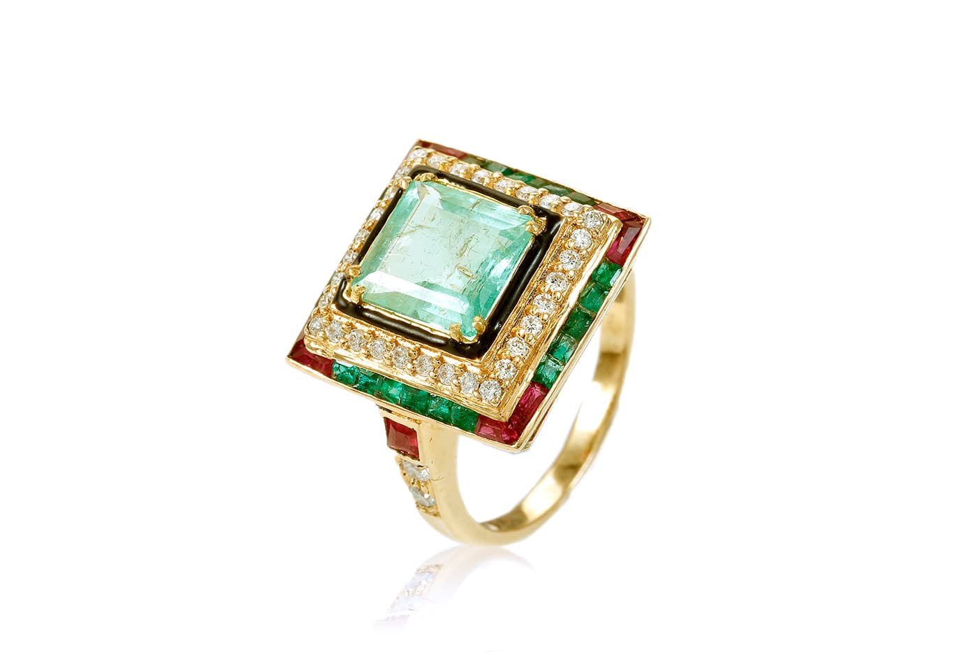 Hanut Singh emerald, ruby and diamond ring