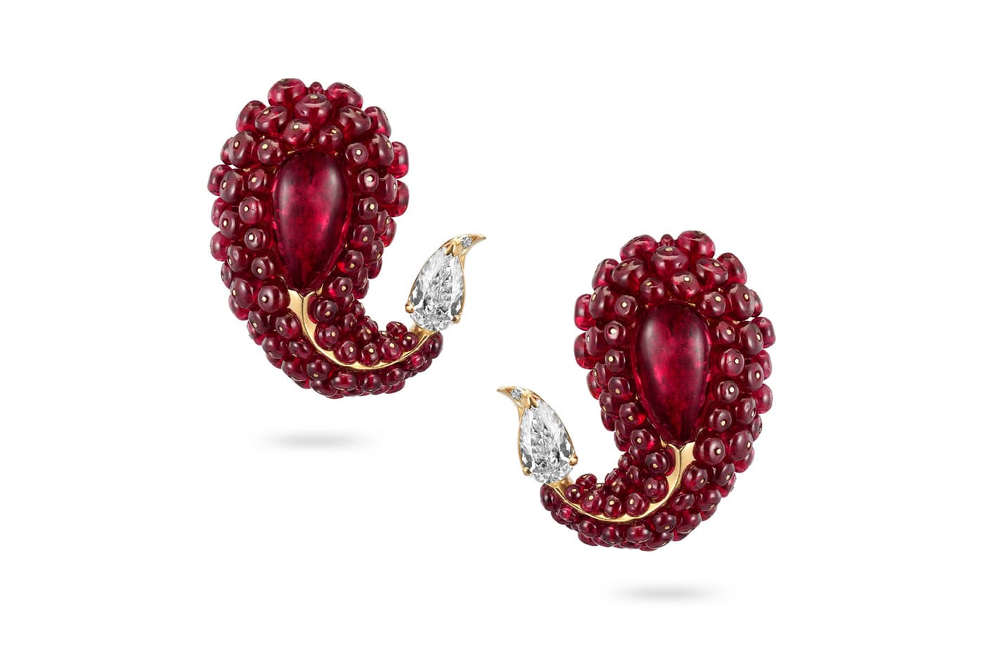 Sajjante ruby cabochon, ruby bead and diamond earrings