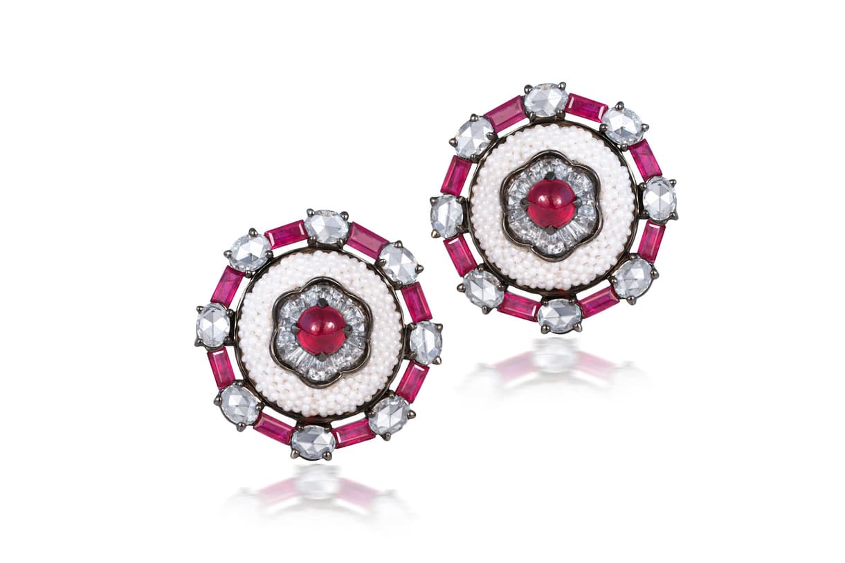  Moksh Keshi pearl, ruby and diamond earrings