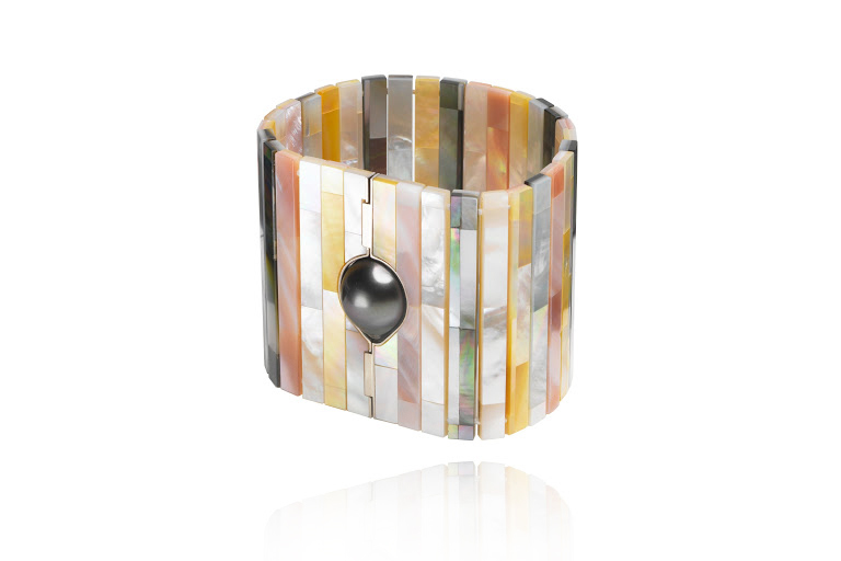  Melanie Georgacopoulos mother-of-pearl MOP Tile bracelet, featuring a peacock Tahitian pearl