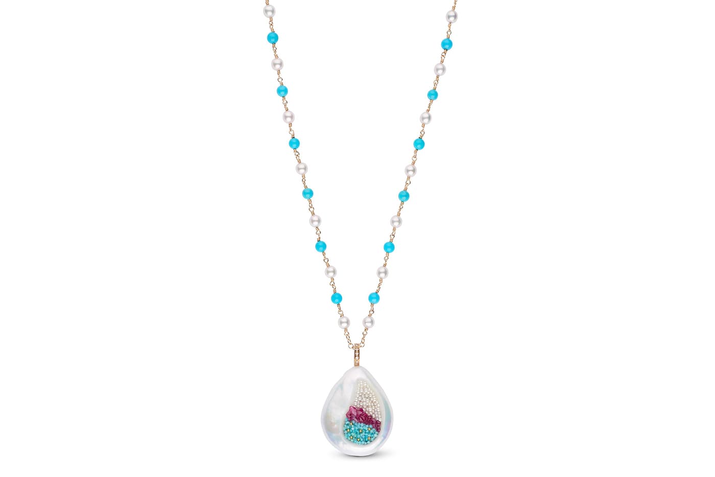 Little H freshwater coin pearl, ruby, seed pearl and turquoise pendant necklace