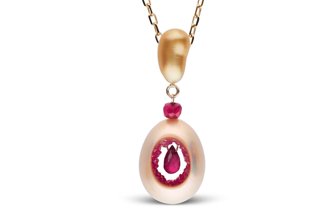  Little H Grotto freshwater and golden South Sea pearl pendant with pink sapphires