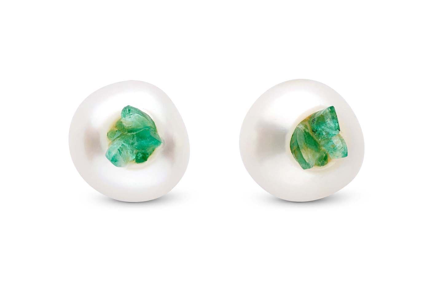  Little H Point freshwater Keshi pearl studs, carved and filled with reclaimed emeralds