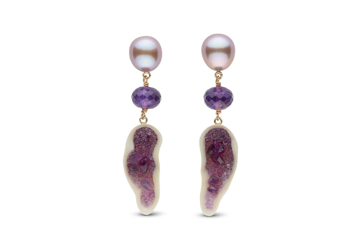  Little H Pearl Geode earrings featuring a freshwater souffle pearl, sliced in half and filled with amethysts