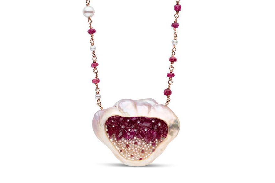  Little H Finestrino ruby and pearl necklace featuring a freshwater souffle pearl carved and lined with reclaimed rubies and seed pearls