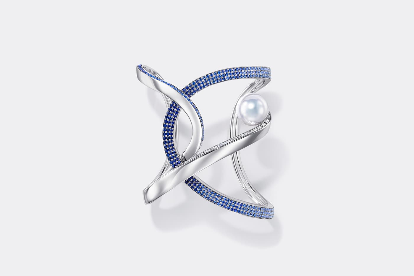  Tasaki Atelier Aurora South Sea pearl, sapphire and diamond cuff bracelet in white gold