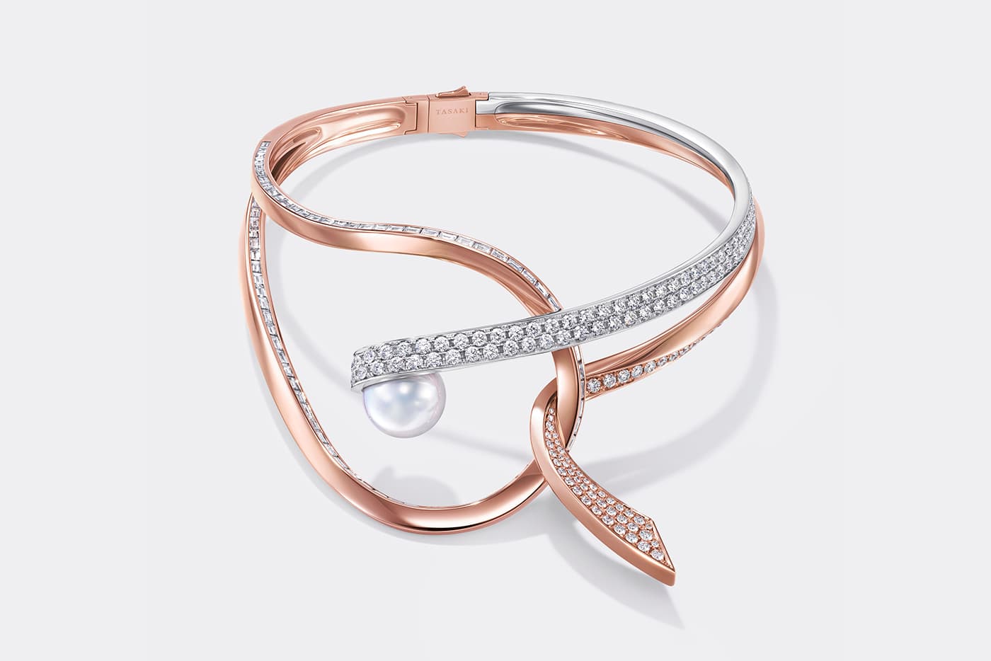 Tasaki Atelier Aurora South Sea pearl and diamond cuff bracelet in white gold and SAKURAGOLD™