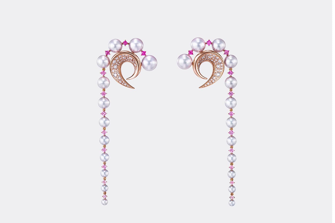  Tasaki Atelier Cove Akoya pearl, pink sapphire and diamond earrings in SAKURAGOLD™