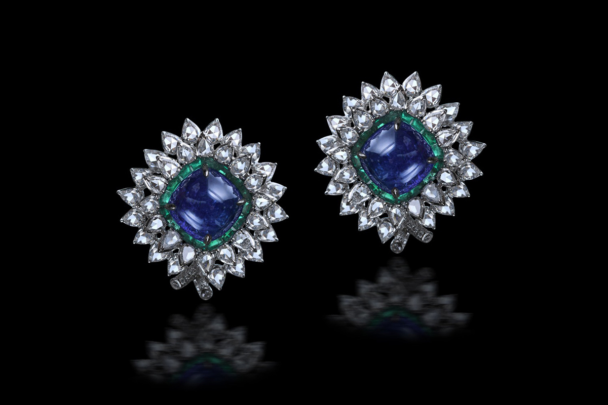 SAVAAB tanzanite, emerald and rose-cut diamond earrings