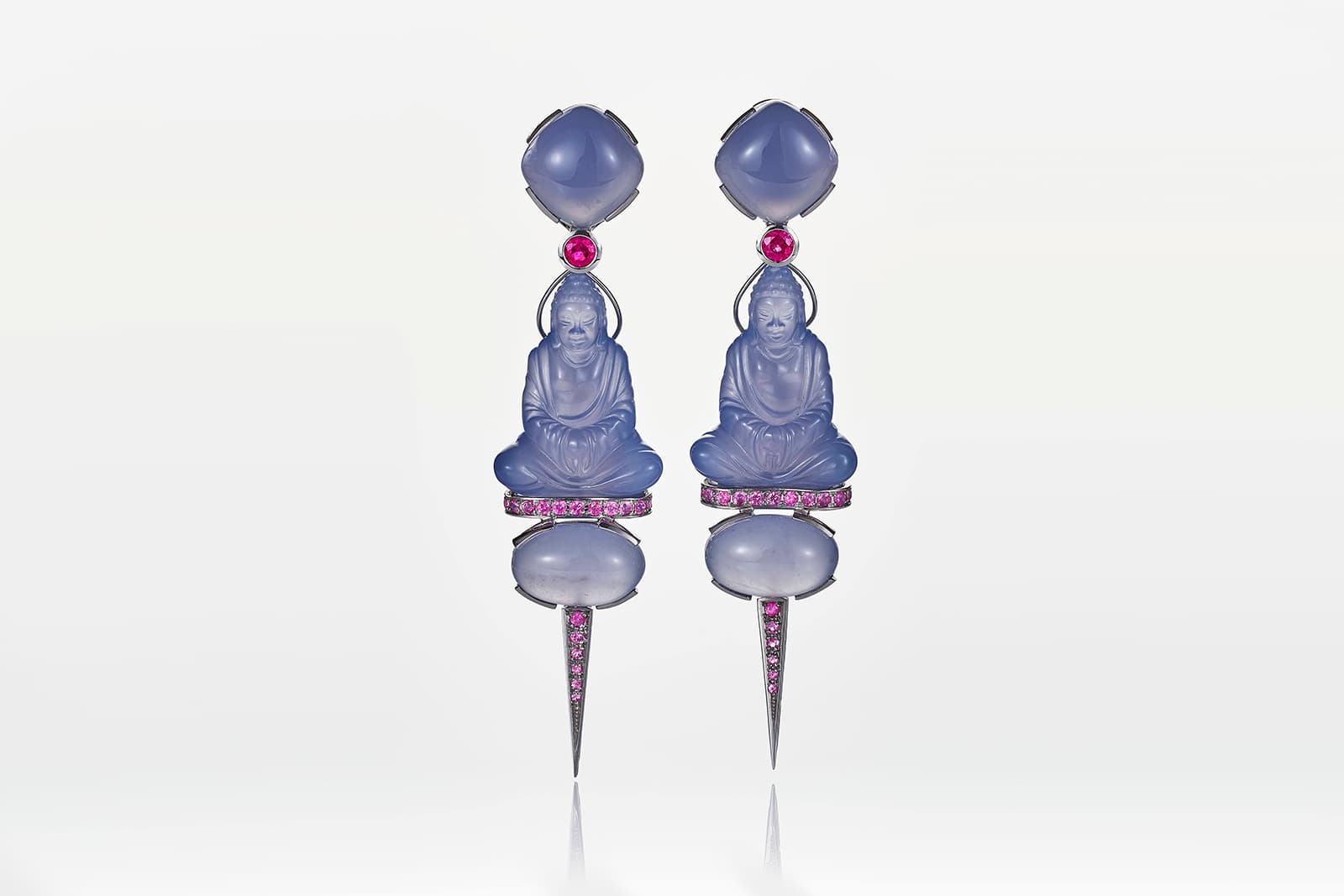 Brummé Shaolin carved blue chalcedony drop earrings, in white gold with purple rubies