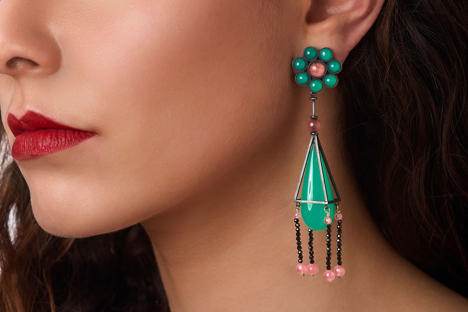  Brummé It's Greening so Green chrysoprase and rhodochrosite earrings
