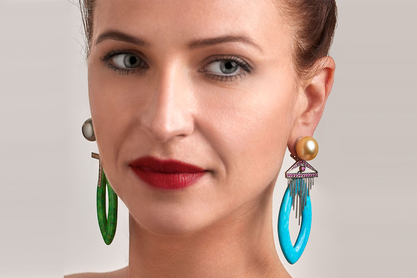  Brummé When Will We 4 Meet Again blue and green turquoise navette earrings, with Tahitian pearls, purple rubies and orange sapphires 