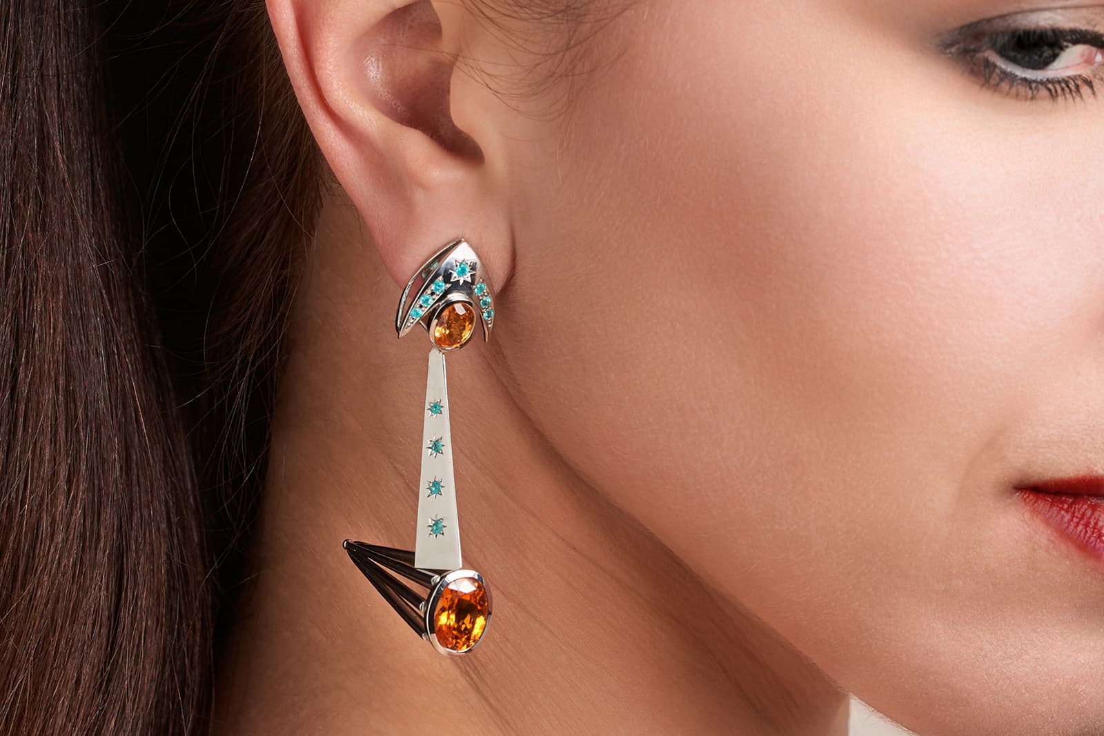  Brummé's The Turbine earrings, set with mandarin garnets and Paraiba tourmalines, are a homage to Claude Dornier the aeroplane designer