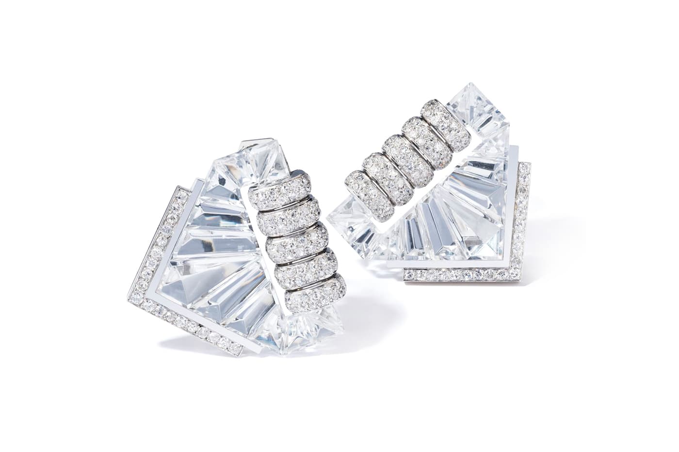  Suzanne Belperron Ventail clips with diamonds and rock crystal available at Symbolic&Chase
