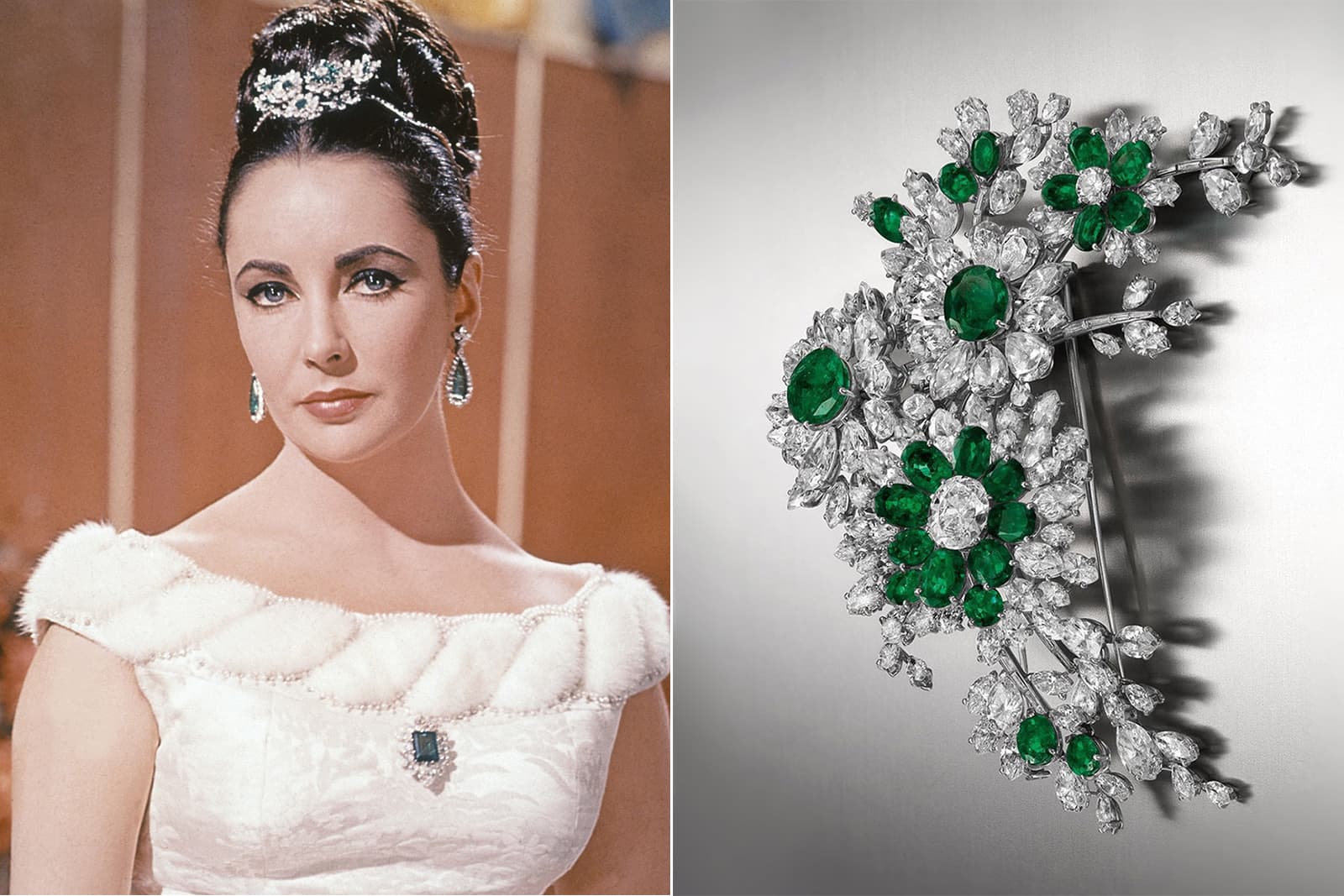 Elizabeth Taylor wearing her Bvlgari en tremblent brooch in emeralds and diamonds as a hair ornament, 1963