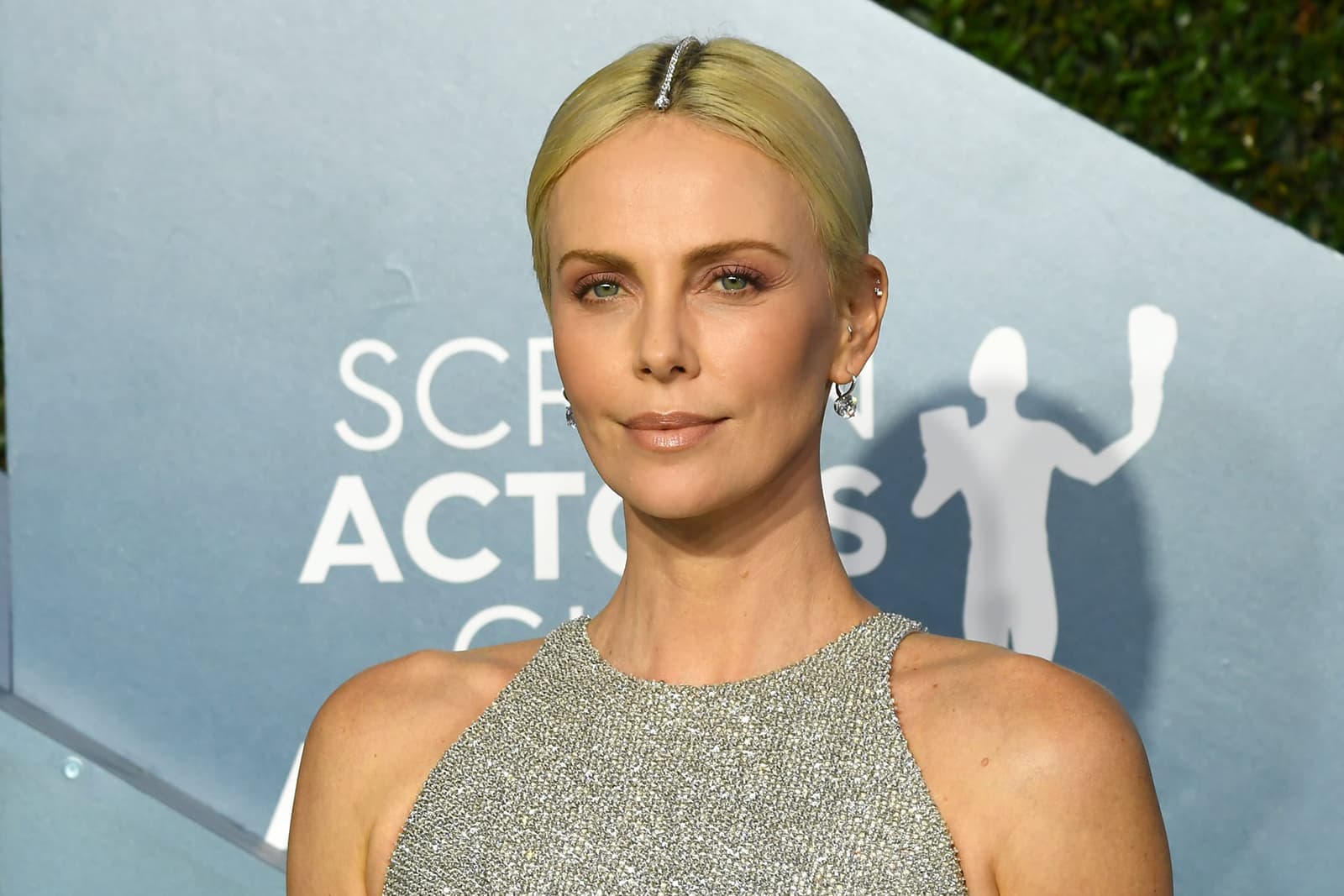 Charlize Theron wearing a Tiffany & Co. bracelet with 3ct diamonds a hair accessory, and earrings with diamonds