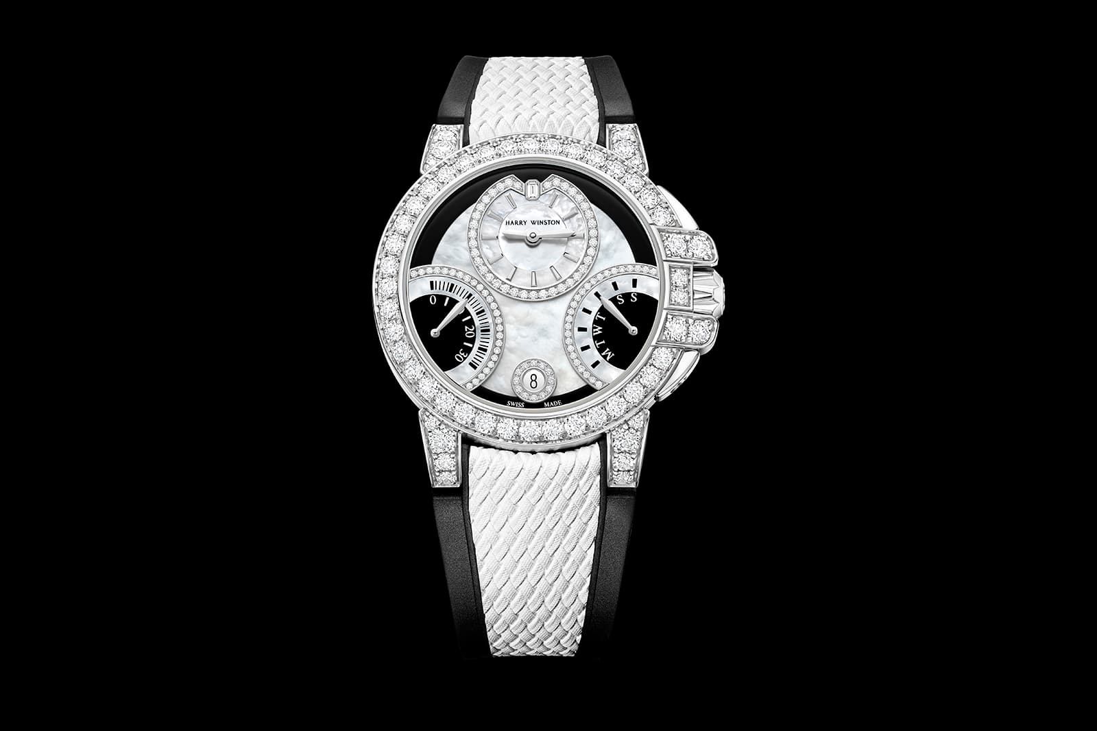 The new Harry Winston Ocean Biretrograde Black & White Automatic 36mm, with its striking monochrome colour scheme