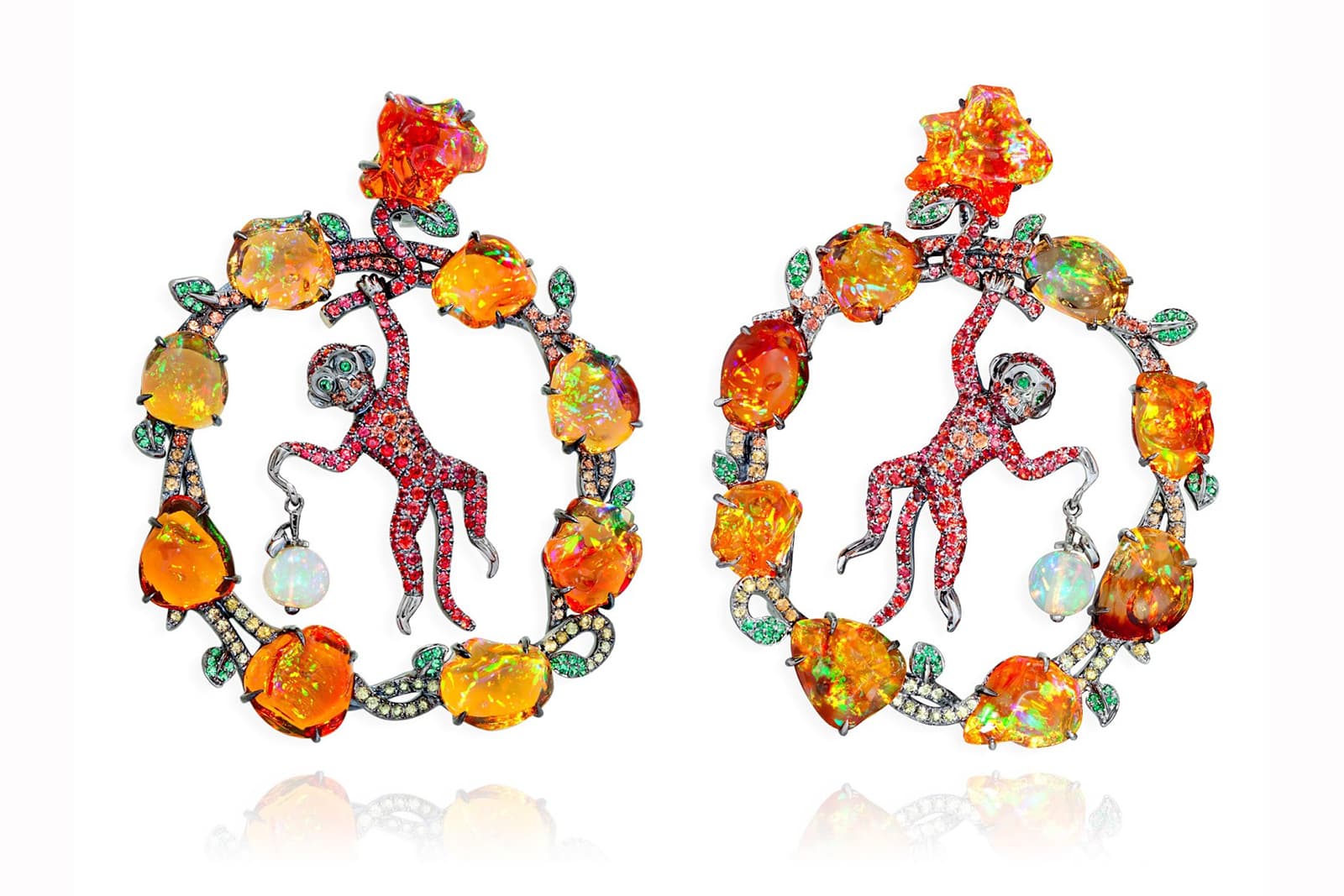   Lydia Courteille Monkey earrings, set with sapphires, tsavorites and fire opals