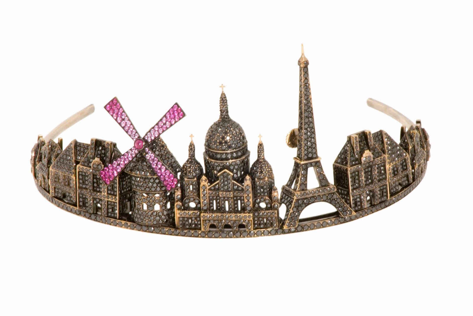   Lydia Courteille Paris tiara, featuring iconic landmarks from the city, rendered in precious gems