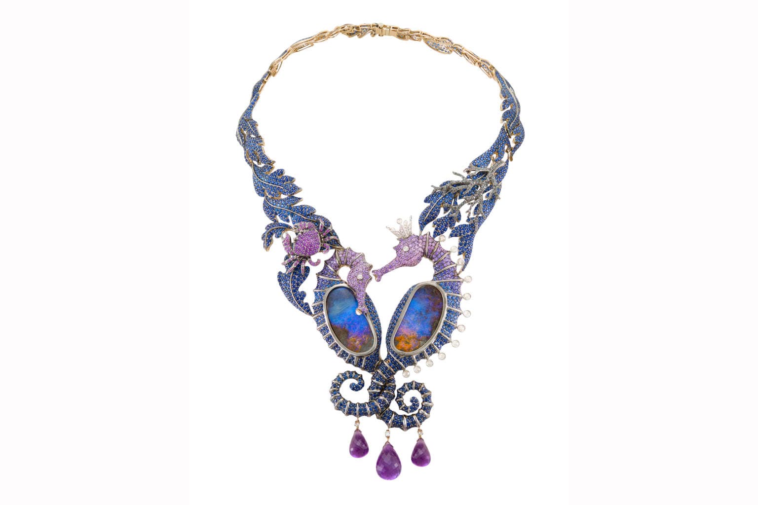   Lydia Courteille Seahorses necklace, set with Australian opals, white diamonds, black diamonds, sapphires and amethysts