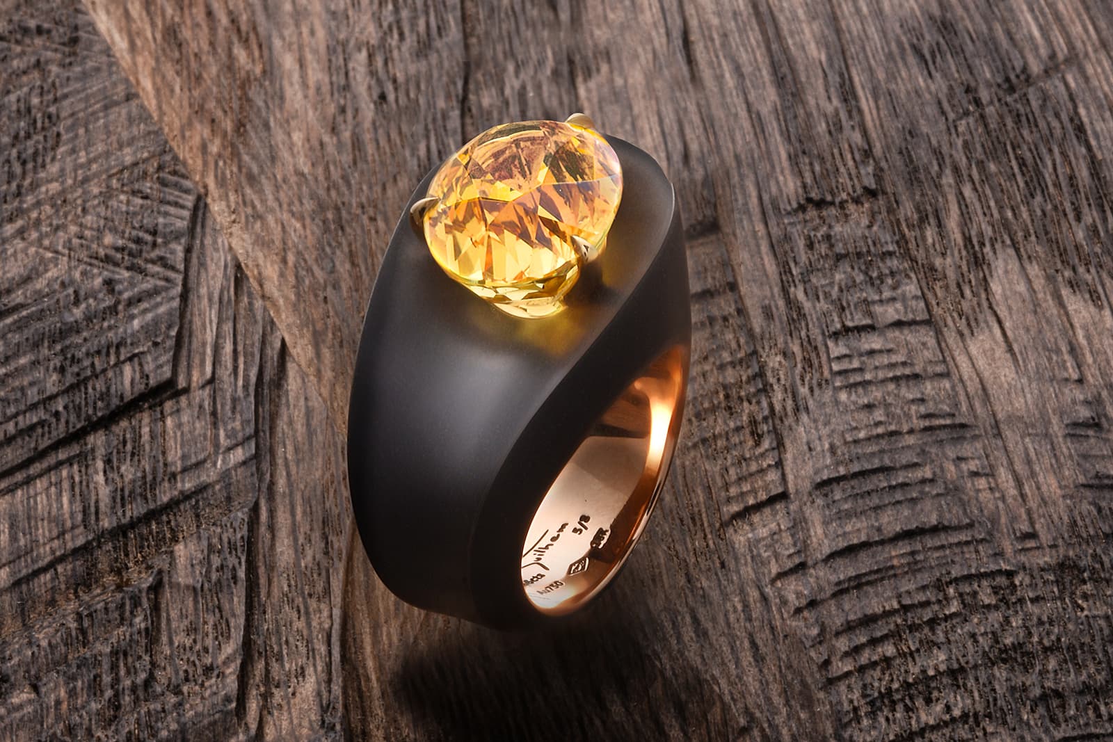Philippe's Mashandy collection of art rings are crafted in bronze and set with rare and extraordinary stones, like this yellow sapphire