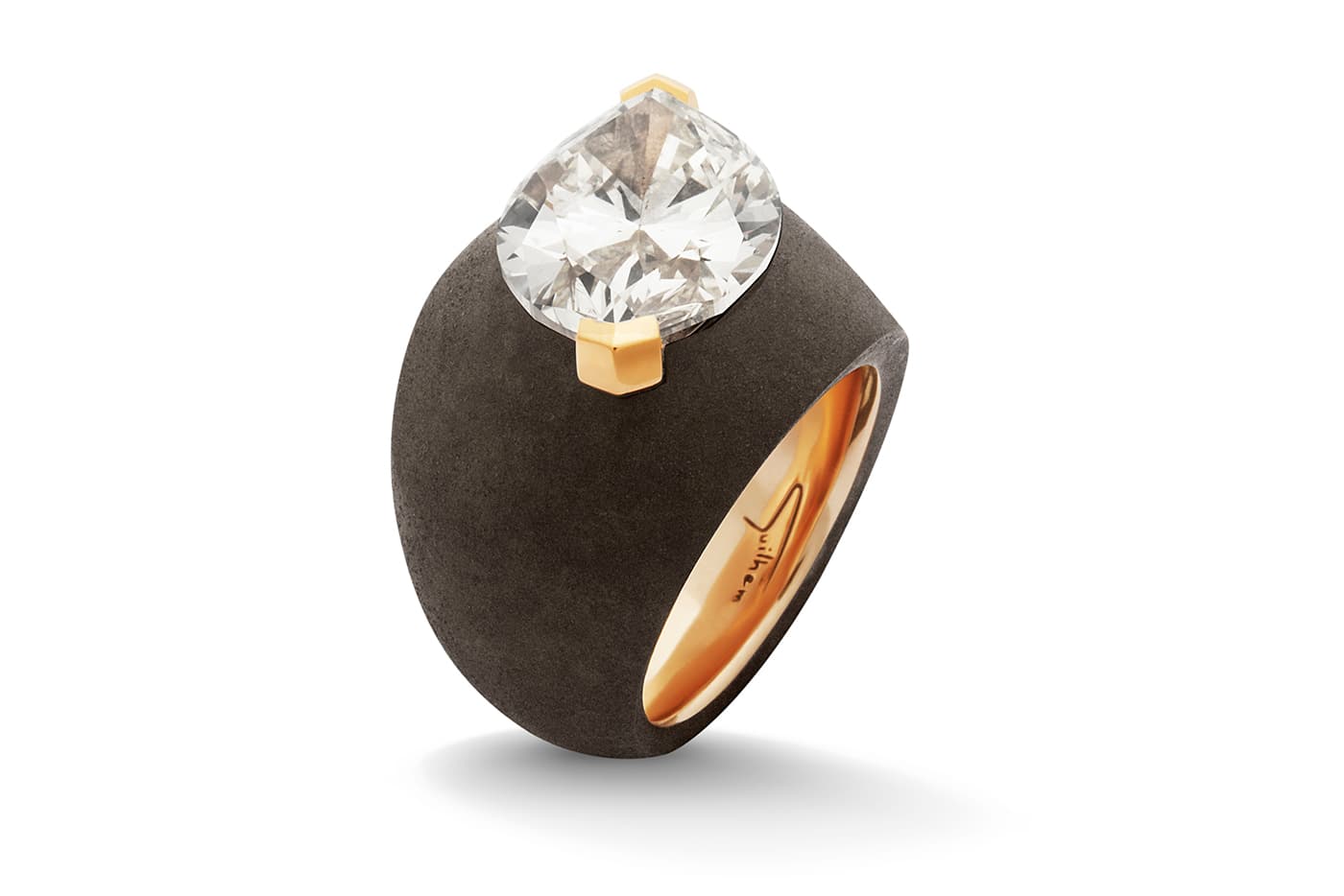  Philippe Guilhem bronze ring, set with a navette diamond