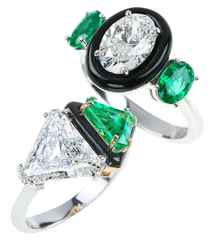 Nikos Koulis engagement rings with emeralds and diamonds