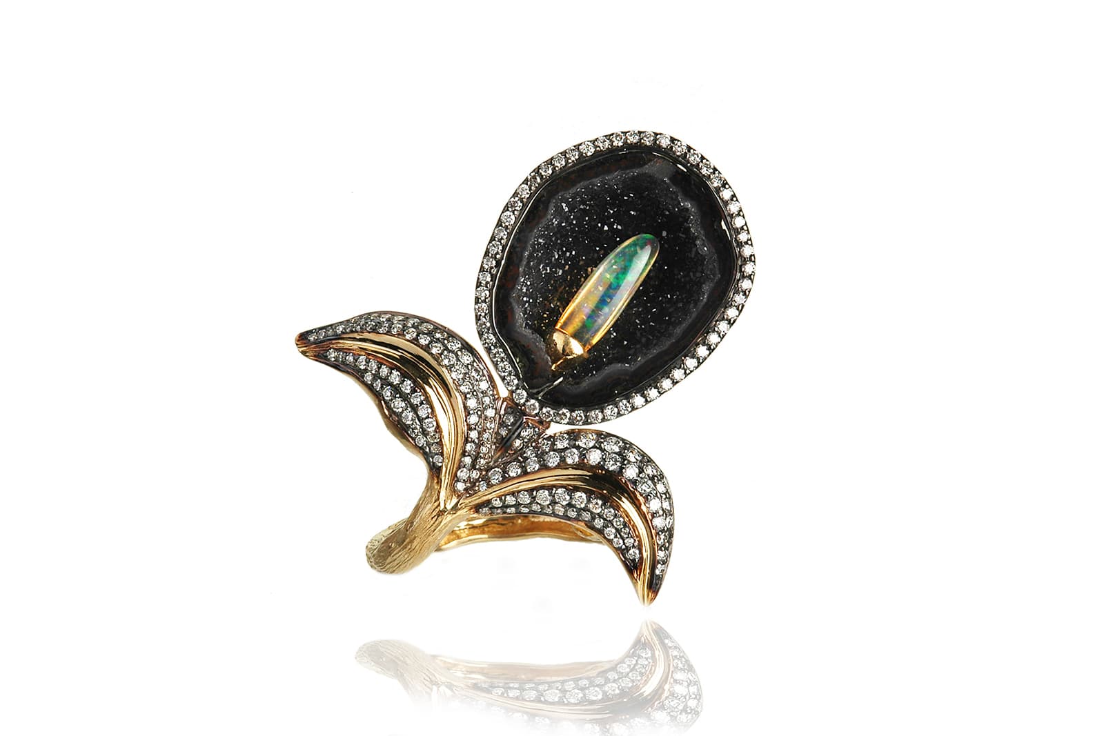  Kimberly McDonald geode flower ring with fire opal and diamonds