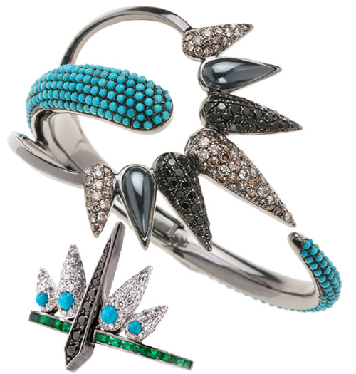 Nikos Koulis bracelet and ring with emeralds, turquoise and diamonds
