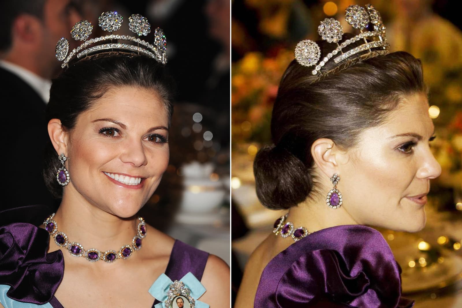 Princess Victoria of Sweden wears jewels from Josephine of Leuchtenberg’s Amethyst Tiara and Parure. The necklace is actually two bracelets joined together to form a choker