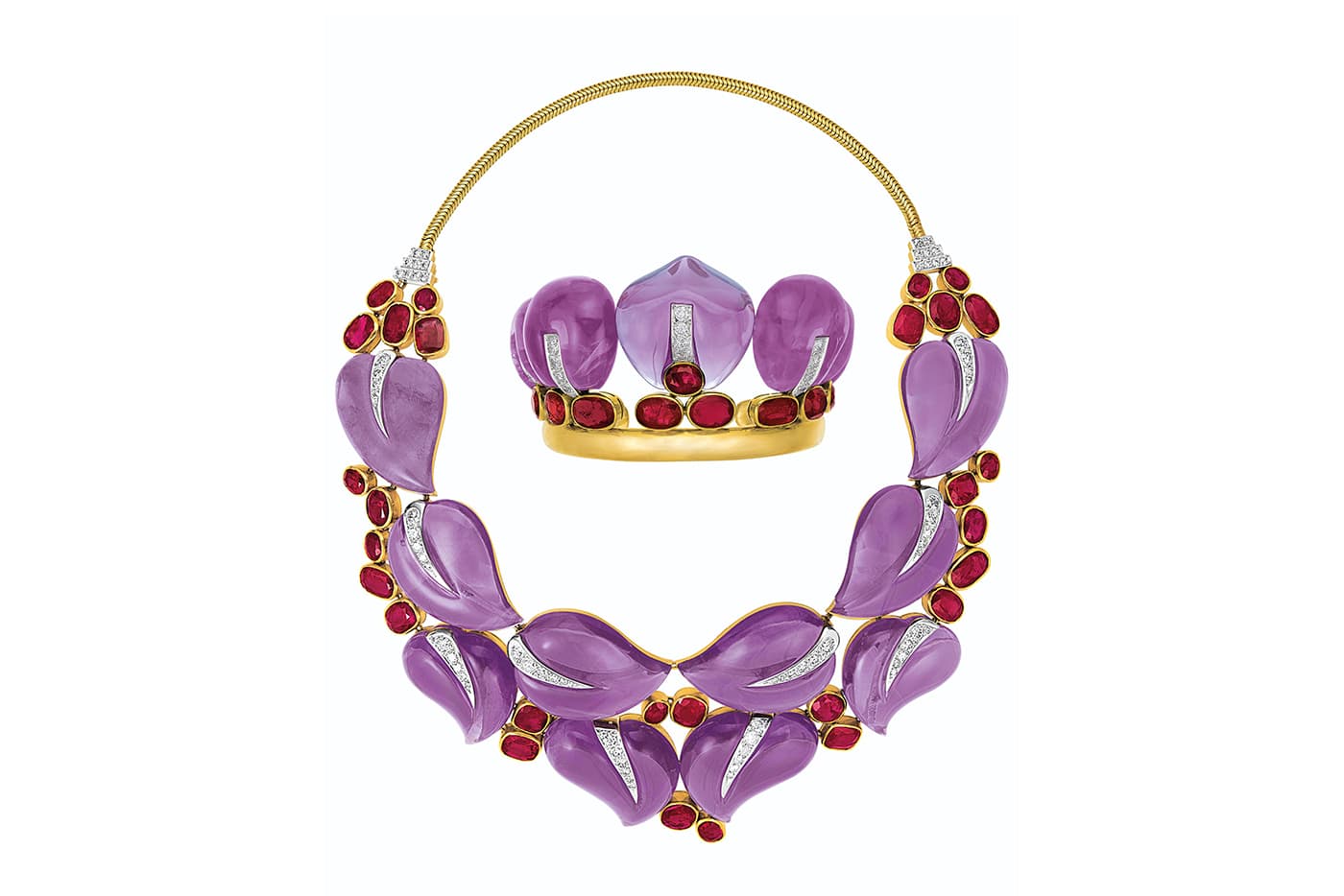 Suzanne Belperron amethyst, ruby and diamond Leaves jewellery set, circa 1936