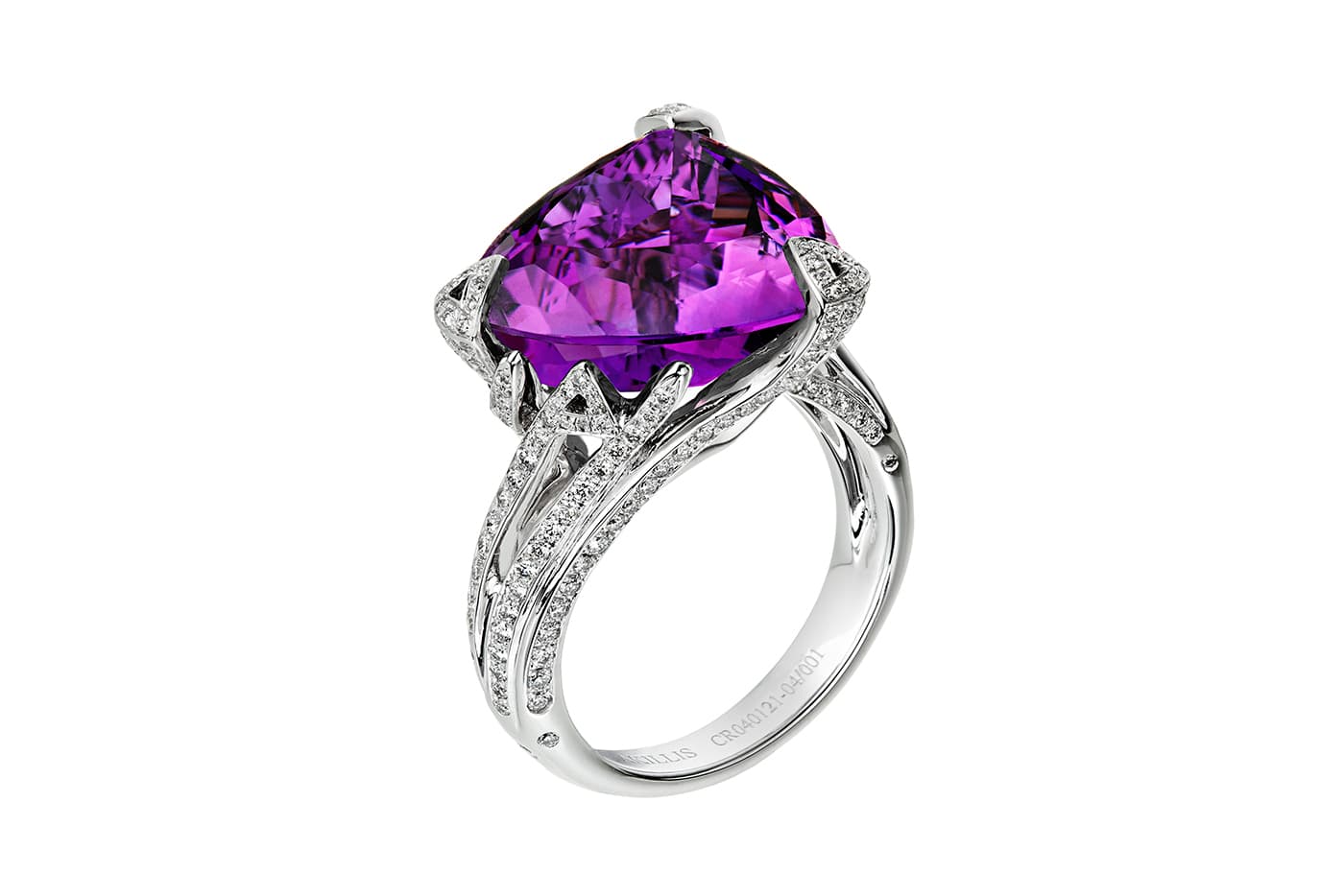  Akillis Cruella amethyst ring with diamonds in 18 carat white gold